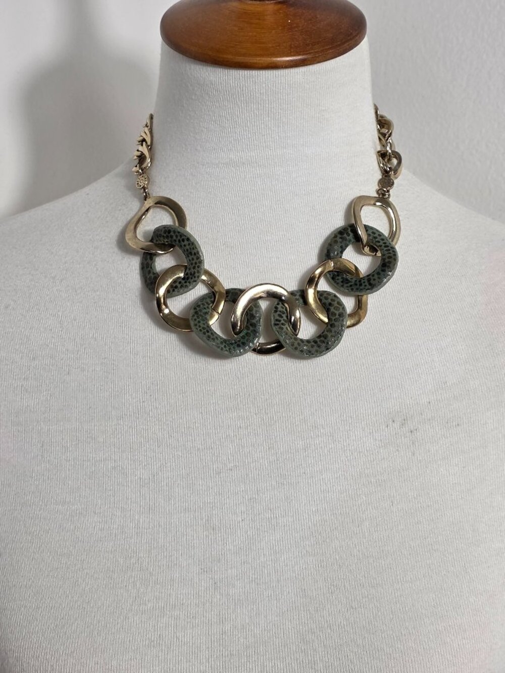 80's Monet Chunky Link Necklace Gold Tone & Textured Green Faux Snakeskin